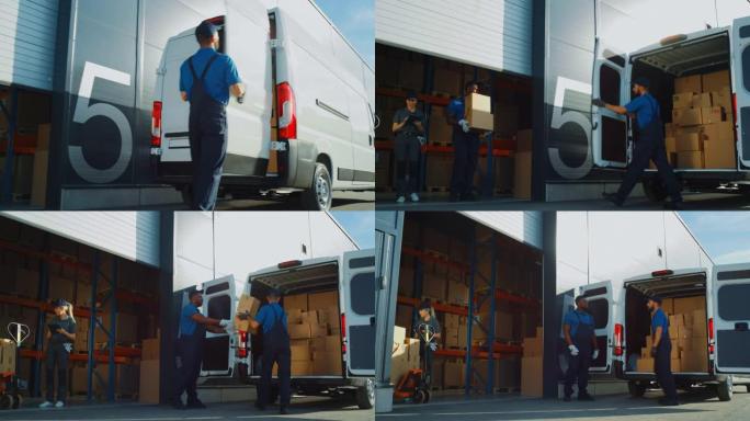 在物流配送仓库之外，经理使用平板电脑，工人开始用纸板箱装载送货卡车。在线订单、采购、电子商务商品。潘