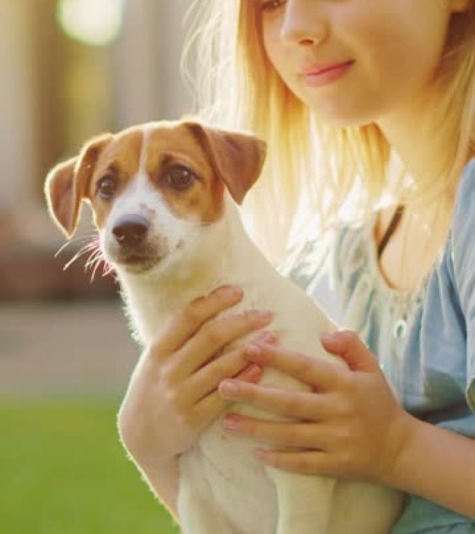 可爱的女孩在户外草坪上野餐时，抱着她最喜欢的血统狗朋友。她抚摸和拥抱她的小杰克罗素梗。垂直屏幕