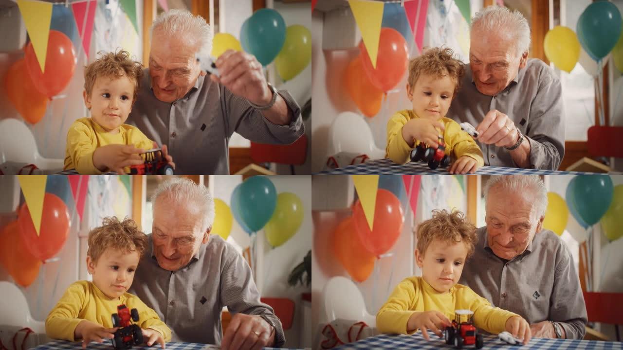 一个老人和他的孙子之间分享了令人心动的时刻: 快乐的蹒跚学步的孩子和他的爷爷在装饰有气球的厨房里一起