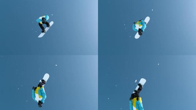 慢动作: 中国山区的运动游客单板滑雪会翻转。