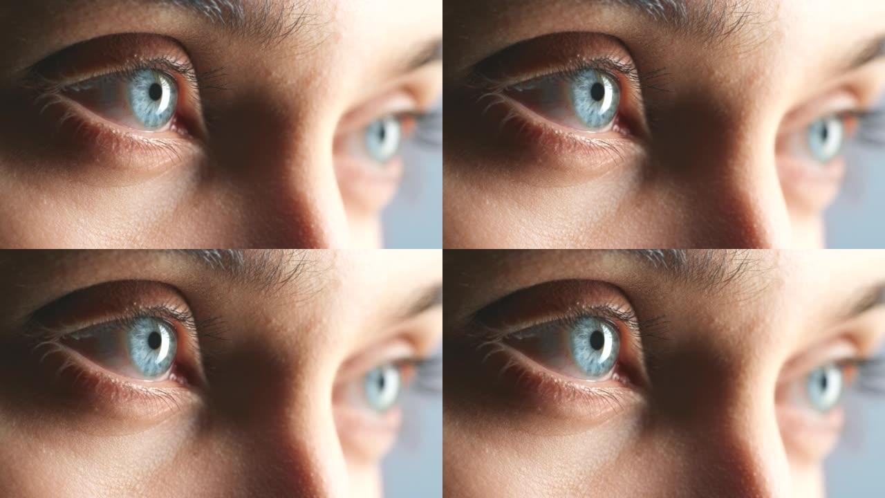 缩放高加索女人，蓝色眼睛眨眼在光学或视觉健康肖像。年轻女性面部的宏观视图，眼球的特写镜头打开和关闭，