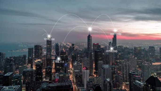 芝加哥城市天际线和5g网络概念的T/L鸟瞰图，日落到夜晚的过渡