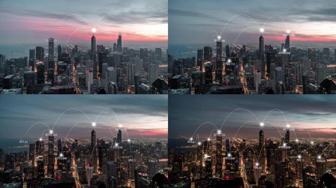 芝加哥城市天际线和5g网络概念的T/L鸟瞰图，日落到夜晚的过渡