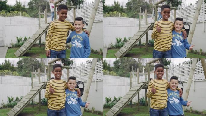 两个小男孩在外面玩耍时竖起大拇指的4k视频片段