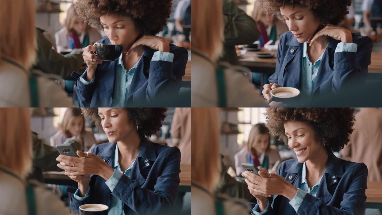 美丽的非洲发型的女人在咖啡馆使用智能手机发短信在社交媒体上分享信息享受移动技术