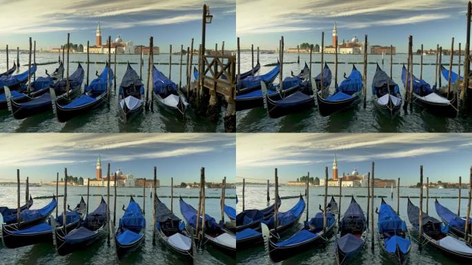 威尼斯圣乔治马焦雷吊船的万向节镜头。意大利威尼斯岸上的摇摆船