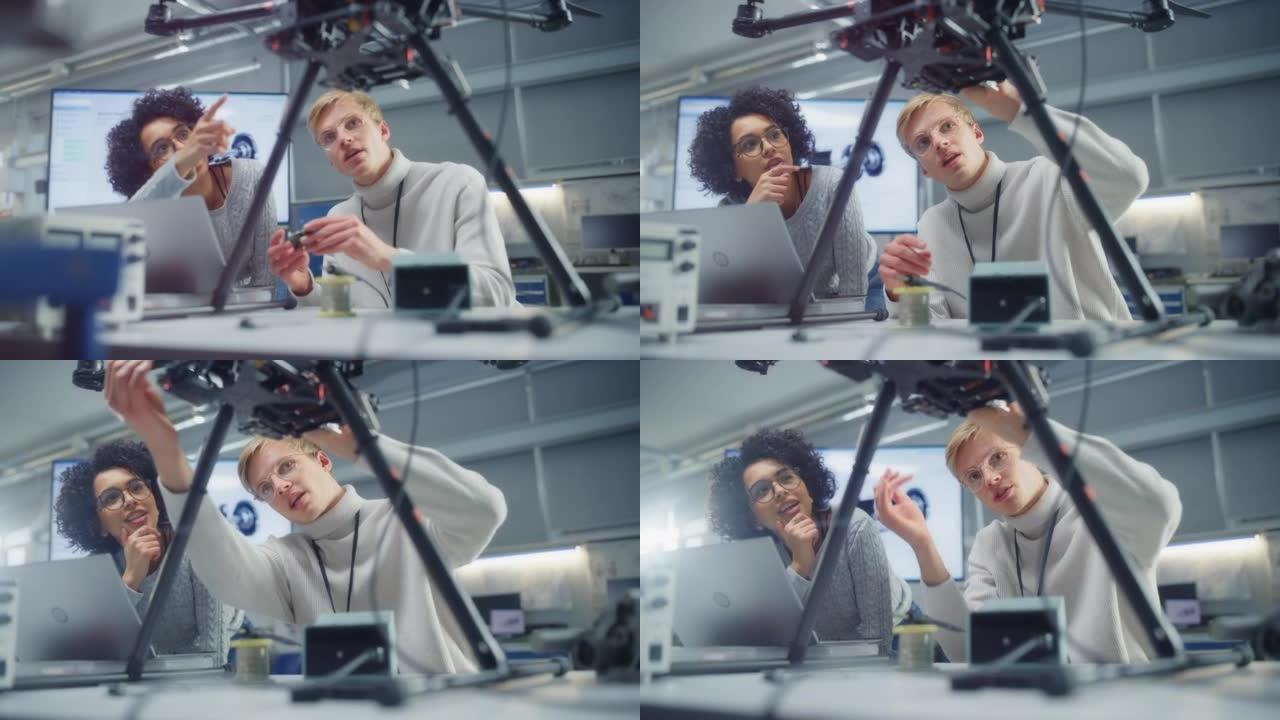 男性工程师将处理器放在无人机上，而女性则在笔记本电脑上编程。高科技和无人驾驶飞行器概念。肖像中等慢动