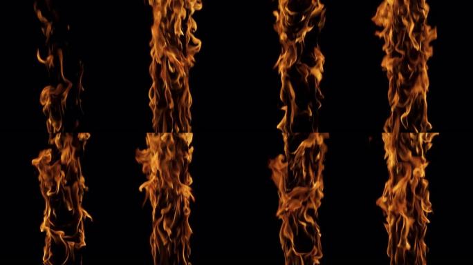 特写在黑色背景上拍摄的超慢动作: 两根垂直的木树棒着火了。在火焰中燃烧。特殊效果、视觉效果、后期制作