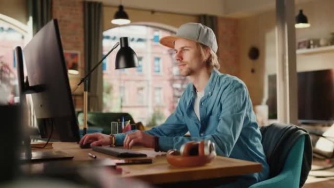 戴着帽子的年轻英俊男子在家在台式电脑上工作。学生做家庭作业，为学校考试而学习。阁楼公寓大窗户的城市景