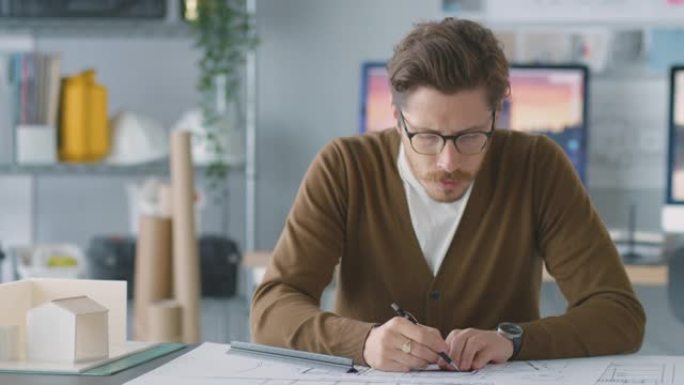 办公室的男建筑师在办公桌前工作，建筑模型在平面图上做笔记
