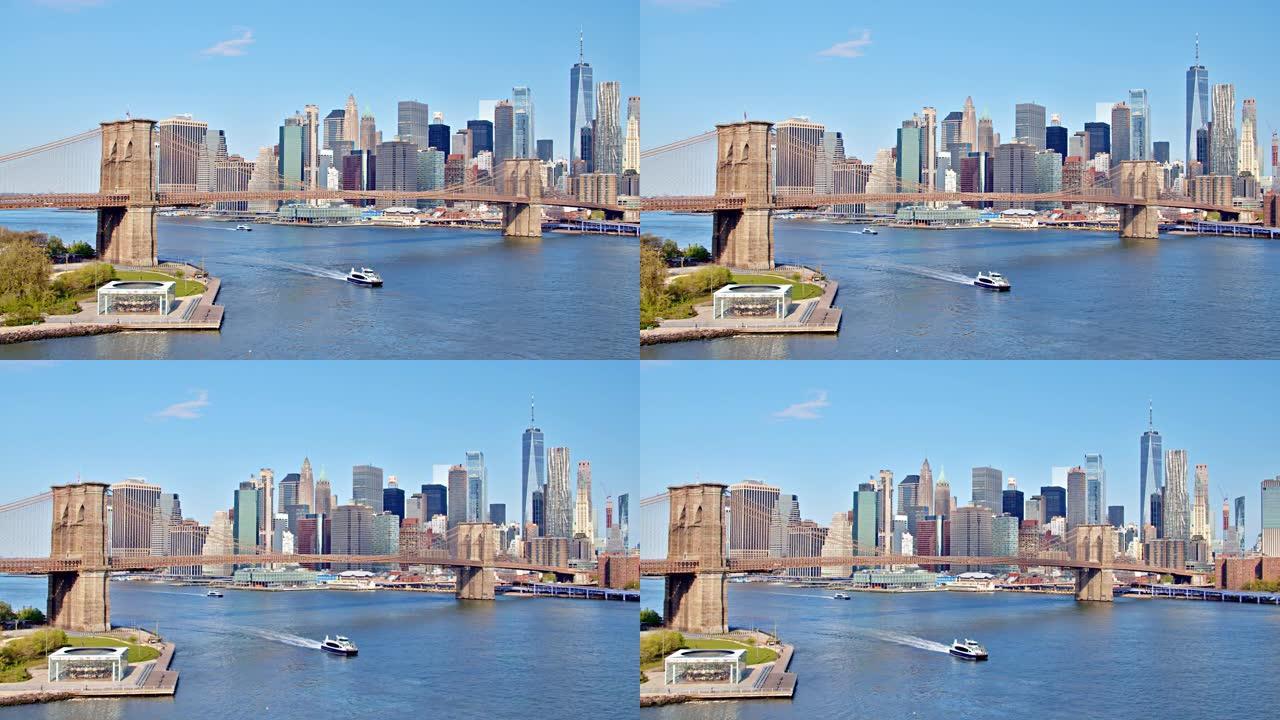 纽约市的现代未来天际线。曼哈顿金融区。布鲁克林大桥和布鲁克林大桥公园。东河。渡船。