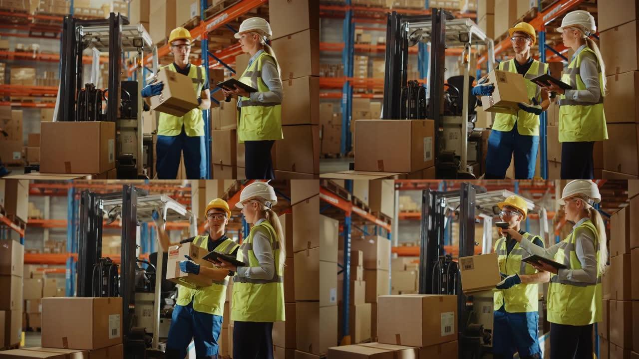 In Warehouse Manager使用数字平板电脑并扫描纸板箱以获取库存，与叉车司机讨论包裹交