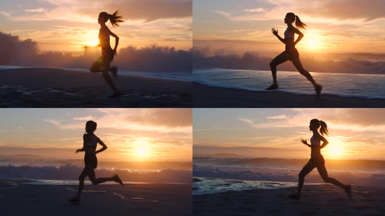 在美丽的日落期间，活跃，健康的女跑步者独自在海滩上奔跑。一个健康的年轻健身运动员在背景中进行波浪锻炼