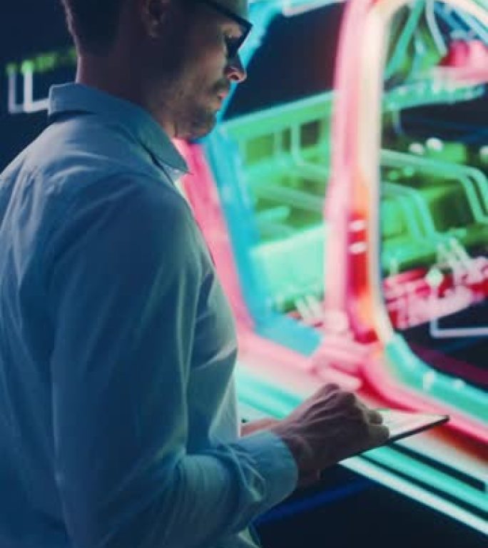 垂直屏幕。创新的绿色能源初创公司: 男工程师使用平板电脑和大屏幕来设计电动汽车，以分析原型。可持续碳