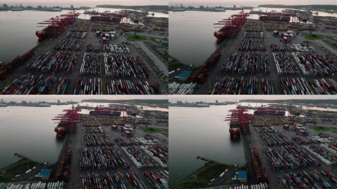 南非德班港码头集装箱的空中平移视图