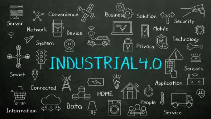 “工业4.0” 的蓝色粉笔画和各种连接的工业革命4.0图标，4k动画。