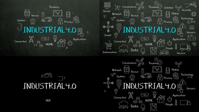“工业4.0” 的蓝色粉笔画和各种连接的工业革命4.0图标，4k动画。