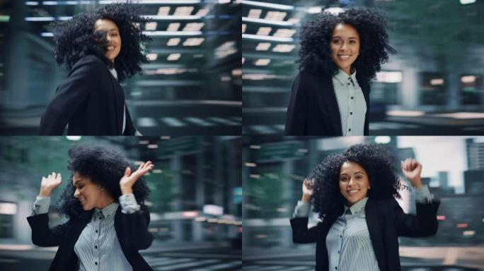 360度街拍: 快乐快乐的年轻黑人女子在街上跳舞。非洲裔美国女孩，时尚的非洲头发玩得开心，快乐地表达