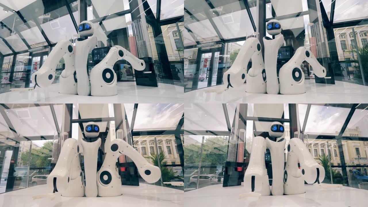 未来派机器人，创新科技理念。高科技droid准备在商店提供咖啡