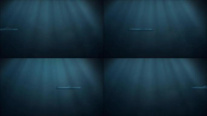 在海底航行的核潜艇的侧视图