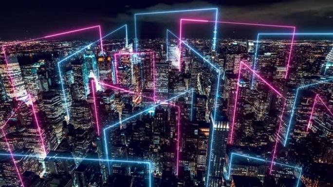 T/L TD智慧城市和Metaverse概念，曼哈顿夜间