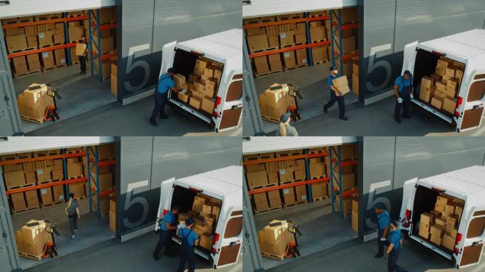 物流配送仓库之外，由不同的专业工人团队装载纸箱、在线订单、采购、电子商务货物的送货卡车。高角度静态拍
