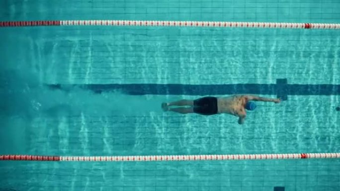 空中俯视图: 肌肉发达的男性游泳运动员在游泳池潜水。职业运动员优雅地跳跃，游泳自由泳，训练决心赢得冠