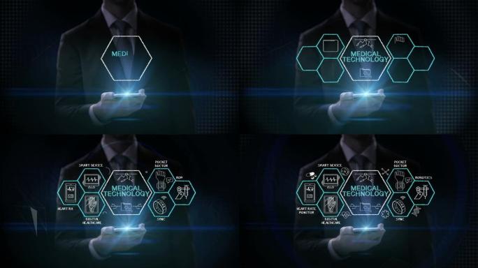 商人触摸智能手机，“医疗技术” 和各种未来医疗技术图标在六角形，4k动画。