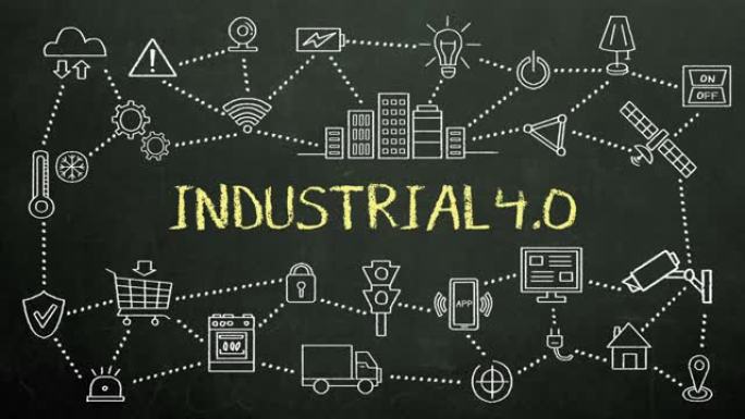 “工业4.0” 和各种工业革命4.0图标动画的粉笔绘制。