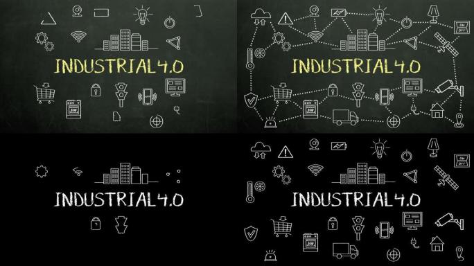 “工业4.0” 和各种工业革命4.0图标动画的粉笔绘制。