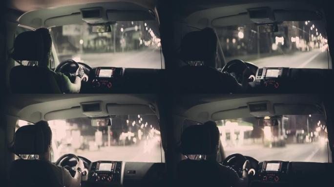 男人晚上开车。变形镜头拍摄