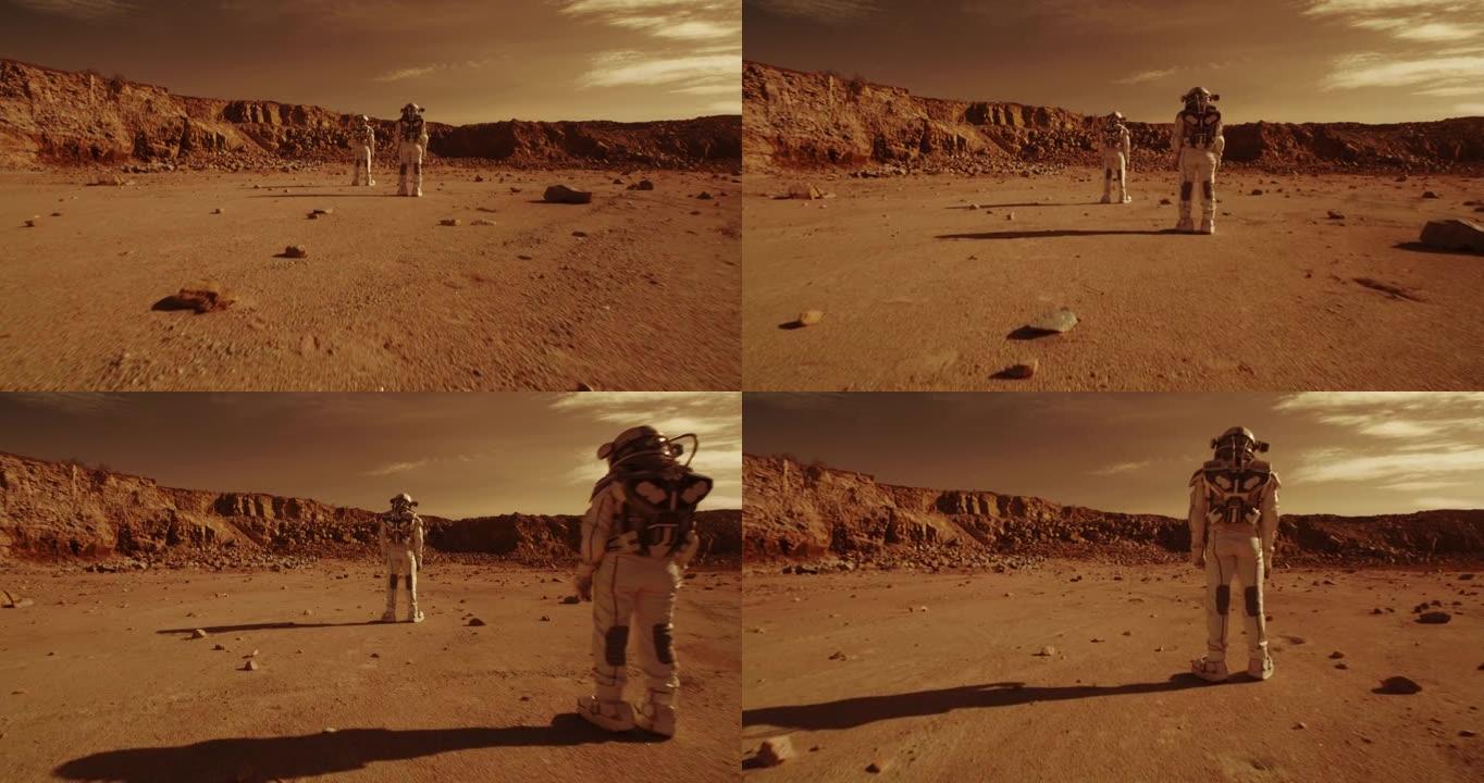 无法识别的宇航员站在火星上的山脉上