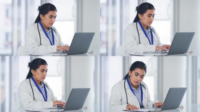 医生坐在诊所办公室的办公桌前，用笔记本电脑打字，阅读文件。医务人员在医院房间的计算机上处理病人的结果
