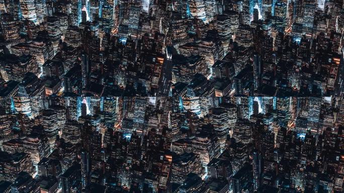 曼哈顿中城夜间摩天大楼的T/L ZI鸟瞰图/纽约
