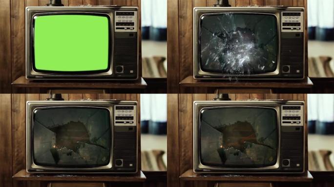 绿屏爆炸的老式电视。4K。