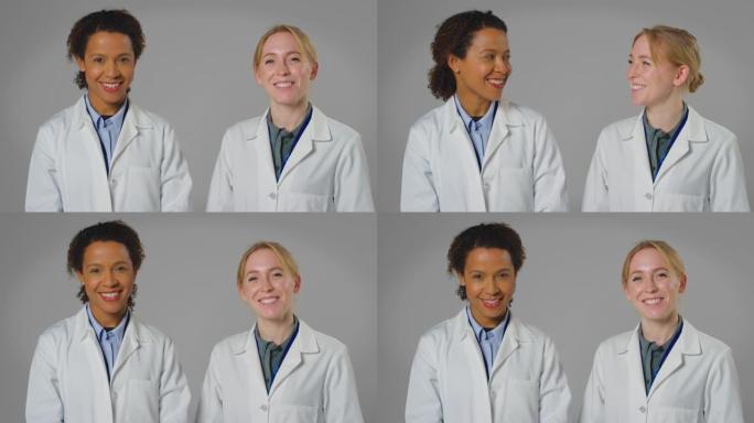两名穿着白大褂微笑的女医生或实验室工作人员的工作室肖像