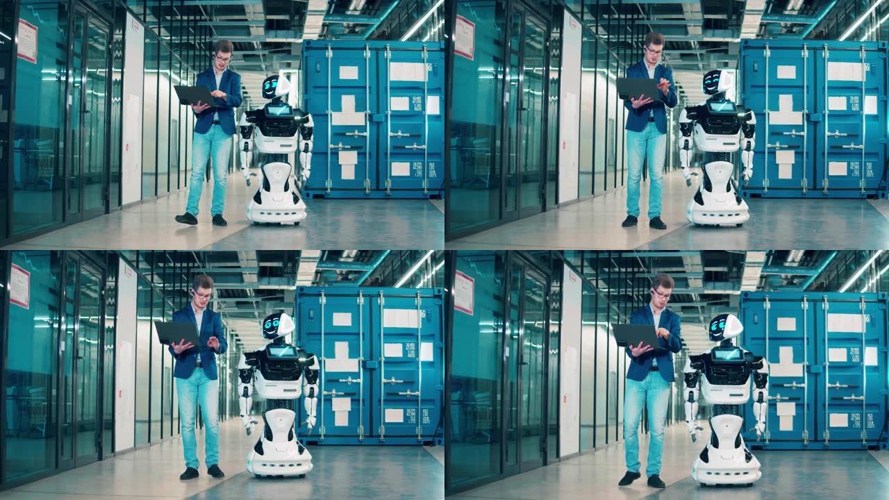 商人在走路时与机器人现代机器人聊天