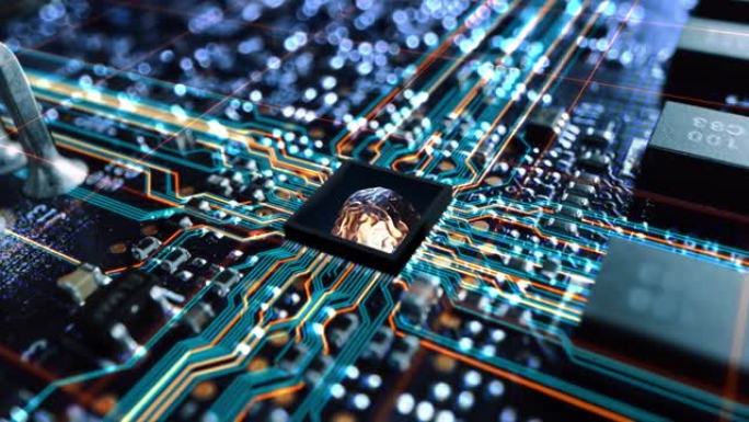 未来技术概念可视化: 电路板CPU处理器微芯片启动人工智能数字化的神经网络。数字线连接到3D大脑