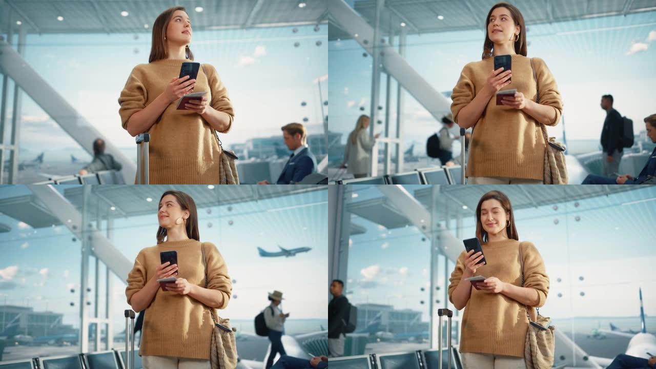 机场航站楼: 快乐旅行的白人妇女在登机口等待登机，使用移动智能手机，在互联网上检查旅行目的地。航空枢