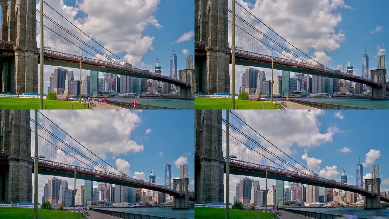 标志性的景色。纽约金融区。布鲁克林大桥。