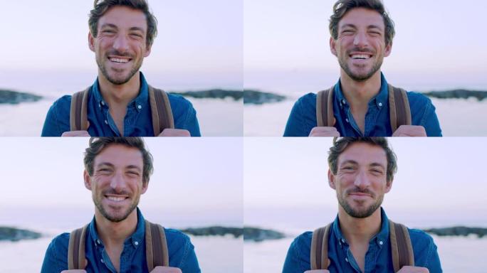 面对，男人和微笑在度假，海滩和旅游中休息，周末和放松。荷兰，男性和游客享受海边，度假和旅行的冒险，欢