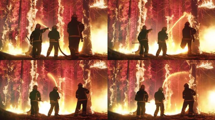 专业消防员扑灭森林大火的大，高优先级部分。高技能的火线消防员在具有挑战性的偏远地区工作，火焰到达树梢