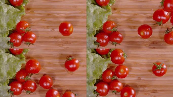 自上而下: 樱桃番茄掉落在湿砧板上的详细视图