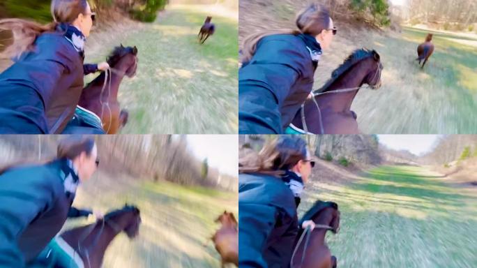 自拍照: 女骑马者带着运动马在牧场上飞驰。