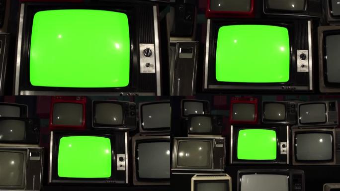 绿屏的旧电视机被许多旧电视机包围。多莉出去了。4k分辨率。