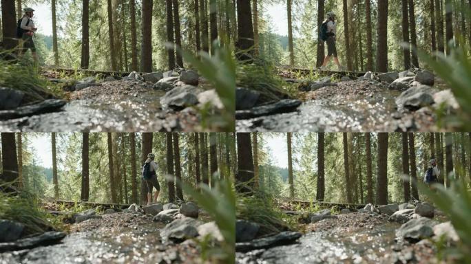 SLO MO徒步旅行者穿越森林中的一条小溪