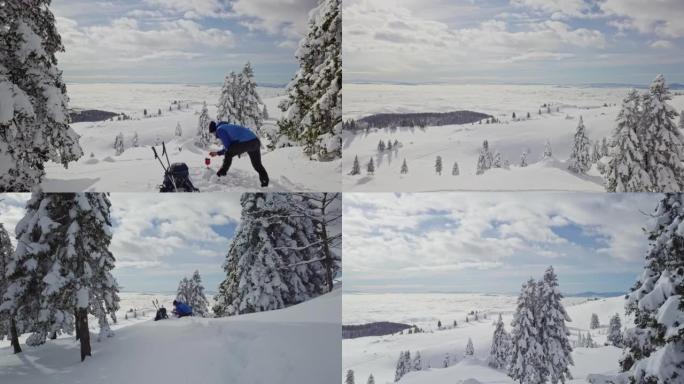 无人驾驶山地徒步旅行者在白雪皑皑的森林里自己做饭