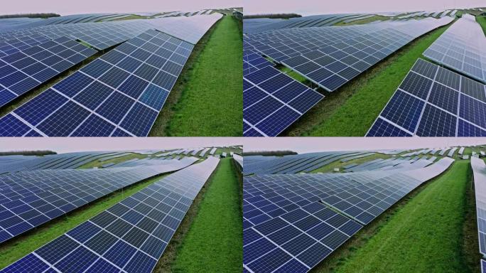无人驾驶的观点在农村太阳能农场成排的太阳能电池板