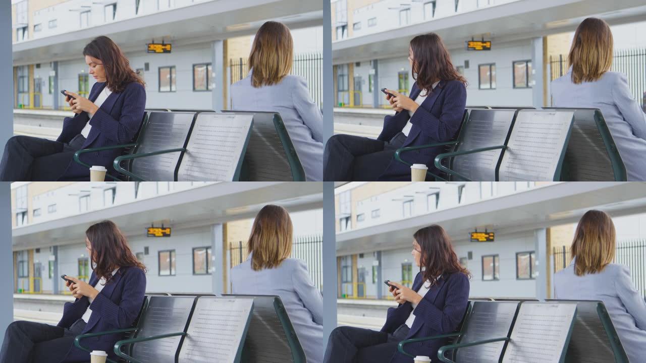 两名通勤上班的女商人在车站站台上等着火车看手机