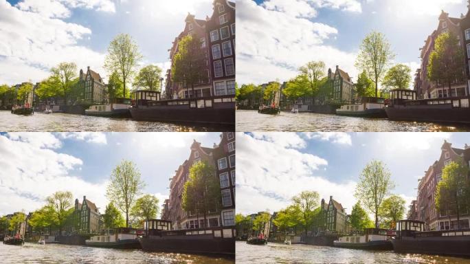 在美丽的晴天乘船探索荷兰阿姆斯特丹市